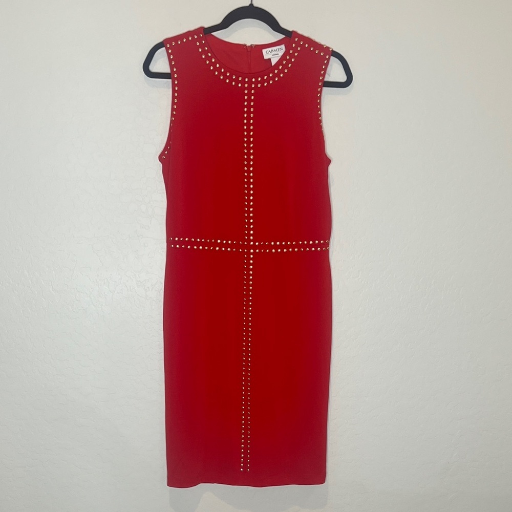 Carmen Marc Valvo Red Stud-Trim Sleeveless Midi Sheath